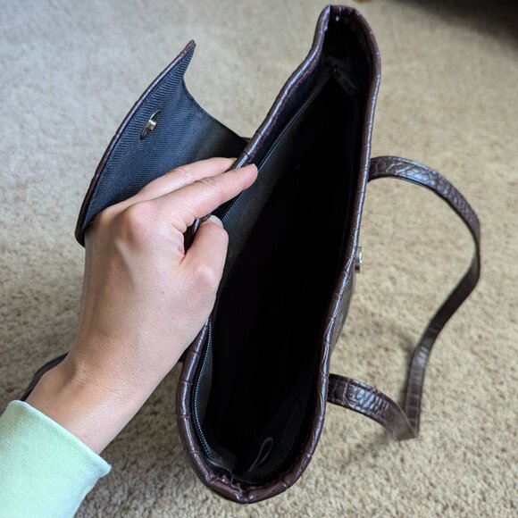 VTG Avon Natori Tote Womens Black Brown Croc Grommets Cotton Lined Vegan Leather - Picture 4 of 10
